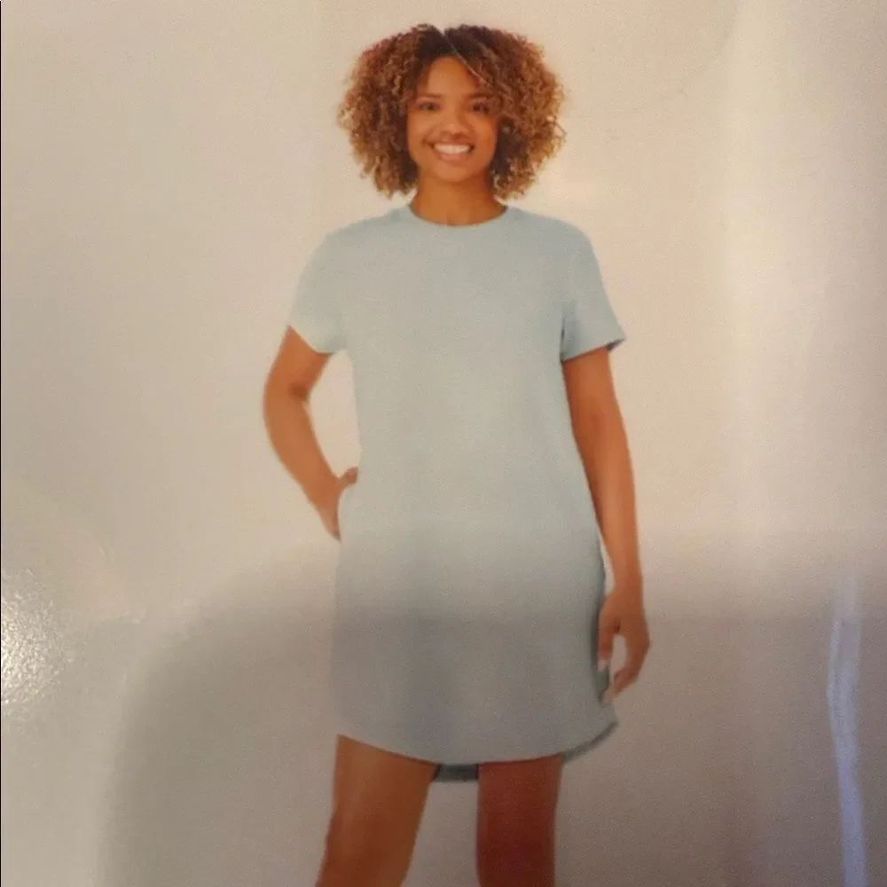 Elegant baby blue midi T-shirt Dress, sandwashed fabric